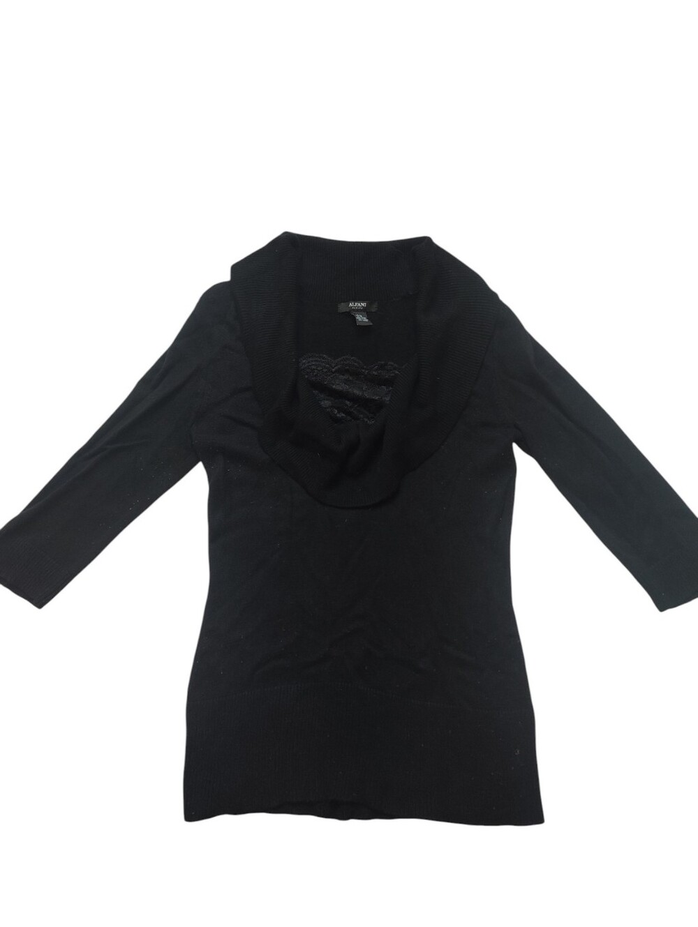 Alfani Vintage Cowl Neck Black Knit Sweater W/Floral Lace Inset Petite Small
